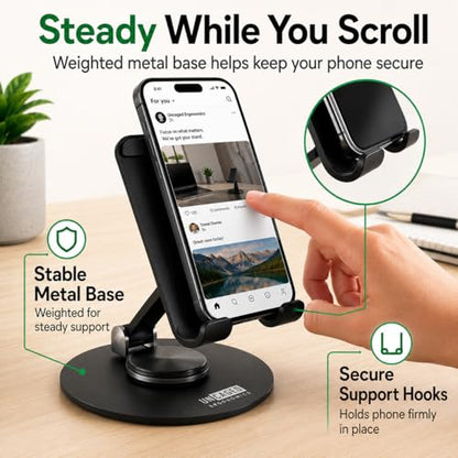 Uncaged Ergonomics 360° Swivel Rotating Adjustable Phone Stand for Desk, Portable & Foldable Cell Phone Stand for Desk, Compact Mobile Stand for Tabletop, Office, Kitchen & Bedroom (Black)