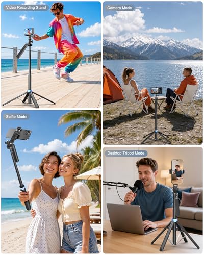 71" 4-Leg Selfie Stick Tripod for GoPro/Osmo Pocket 3/insta360/iPhone/Android, Cell Phone Tripod Stand with Remote & 360 Rotation Pan-Handle for Travel Vlogging Video Recording