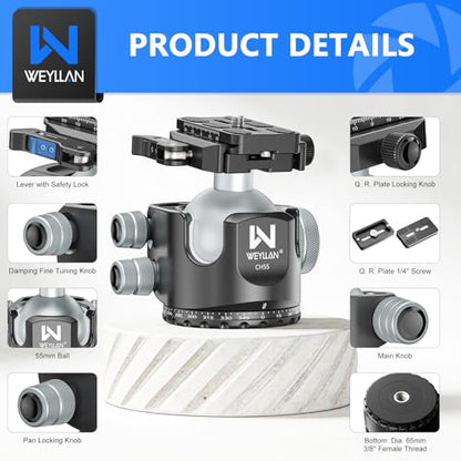 WEYLLAN CH55 Arca Ball Head Mount with Lever Release, 55mm Low Profile Heavy Duty Tripod Ball Head with Mlok Rail Arca Swiss Quick Release Plate for Hunting & Photography, Camera Head Load 88lbs/40kg