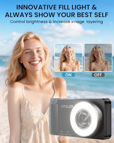 5K Digital Camera for Photography with Fill Light, 3'' 180°Flip Screen, 75MP Vlogging Camera for YouTube Video, 18X Zoom Compact Point and Shoot Cameras for Beginner Teens, Kids, Black