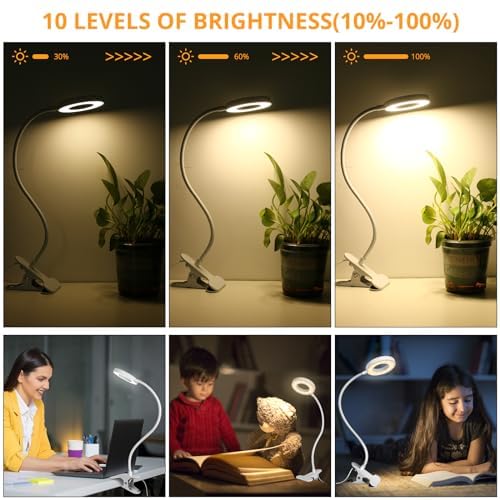 Woputne Desk Clip on Lamp for Reading Home Office, with 5V 2A Adapter, 10 Dimmable Brightness 3 Modes, Clamp Reading Light for Bed Headboard, Craft (White) - size: White-1 Piece-Standard-With Adapter