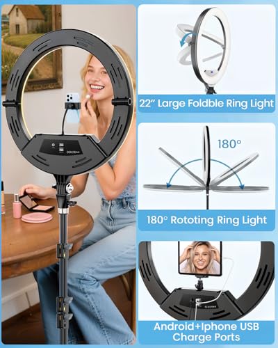 22" Large Ring Light with Stand,Foldable LED Big Ring Light Tripod for iPhone Phone Ipad, 75" Tall Tripod Touch Screen,Wireless Remote for Live Stream,YouTube,TikTok Video Shooting - color: Black