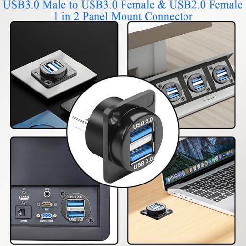QIANRENON 2 in 1 USB 3.0 to USB3.0 & USB2.0 Panel Mount Adapter 5Gbps USB3.0 Male to USB-3.0 Female + USB2.0 Female Bulkhead Mount Charging Data 1 in 2 Connector 5V1.5A, for Expansion USB Port