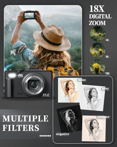 4K Digital Camera for Beginners & Teens, Autofocus Vlogging Camera with 180° Flip Screen, 18X Zoom, Easy-to-Use Compact Travel Camera, WiFi, 2 Batteries, 32GB Card - color: Black