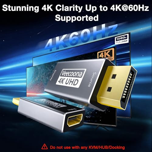 4K DisplayPort to HDMI Adapter 1-Pack Uni Directional DP Source to HDMI Display Converter, 4K@60Hz, 2K@120Hz, 1080P@120Hz, Male to Female, for Computer,Desktop,Labtop,PC,Monitor,HDTV - Gold Plated - color: Silver