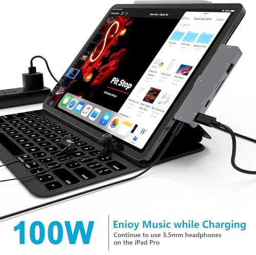 iPad Pro M4/M2/M1 13/11/12.9, iPad Air 5, 7 in 1 Adapter - 4K 60Hz HDMI, 3.5mm Headphone Jack, USB3.0, USB C PD Charging & Data, SD/Micro SD Card Reader