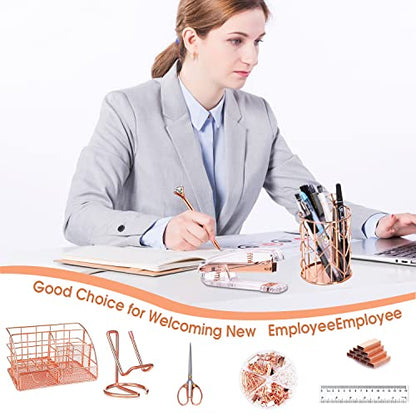 KAAKOW Rose Gold Desk Organizers and Accessories Office Supplies Set Stapler, Pen Holder, Phone Holder, Scissors, Pen, Ruler, 30 Paper Clips, 22 Binder Clip, 20 Tacks and 1000pcs Staples - color: Rose Gold