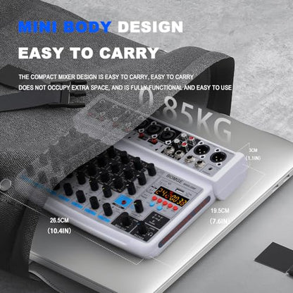 BOMGE 8 channel mini audio mixer Line Mixer,DC 5V,with MP3 Player,Bluetooth, U disk 48V,24DSP effects, USB recording Ideal for Small Clubs or Bars, Studio Recording (8 channels-WHITE)