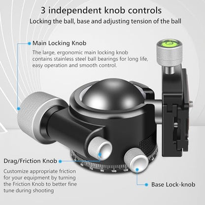 55mm Low Profile Ball Head Tripod Ball Head ARTCISE KB55 Heavy Duty Tripod Head All Metal CNC Machining with Three 1/4" Quick Release Plates for Tripod, Monopod, DSLR, Camcorder, Max Load 88lbs /40kg