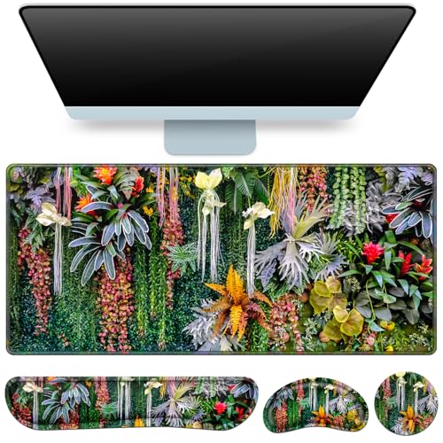Desk Mat Floral, Large Gaming Mouse Pad with Wrist Rest, 4in1 XXL Mousepad+Keyboard Wrist Rest+Mouse Pad Wrist Support+Cup Coaster Set Ergonomic Computer Desk Arm Wrist for Decor Home Office Women - color: Colorful Plants