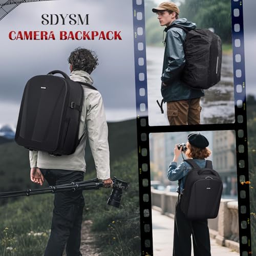 SDYSM Camera Backpack, Hardshell DSLR/SLR Camera Bag with Lens Pouch & 15.6" Laptop Compartment Waterproof Camera Case with Rain Cover Photography Backpack Compatible for Canon/Nikon/Sony/Drone Black - color: Black