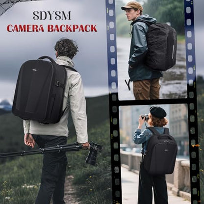 SDYSM Camera Backpack, Hardshell DSLR/SLR Camera Bag with Lens Pouch & 15.6" Laptop Compartment Waterproof Camera Case with Rain Cover Photography Backpack Compatible for Canon/Nikon/Sony/Drone Black - color: Black