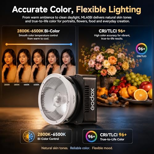 Godox ML40Bi Bi-Color LED Video Light, Portable COB Photography Light with Built-in Battery, 2800K-6500K, 28,000 Lux with ML-L10 Reflector, CRI/TLCI 96, 11 FX Effects, USB-C Charging, App/NFC Control
