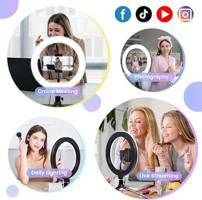 Selfie Ring Light 10" with Tripod Stand and Phone Holder, LED Ring Light for Desk with 3 Light Modes & 11 Brightness Level for Selfie, YouTube, Makeup, Live Streaming, TIKTOK - size: 10-inch