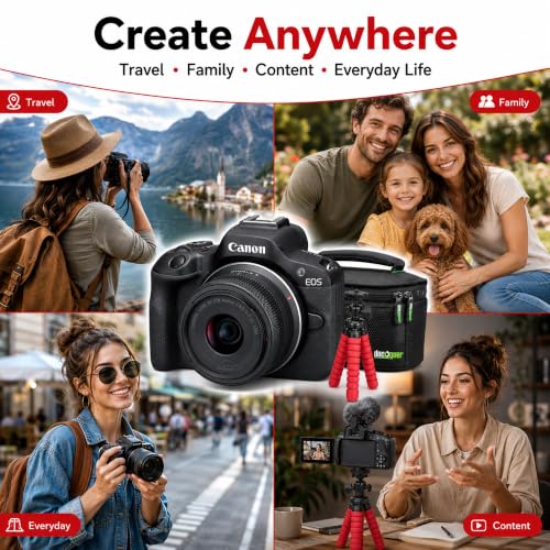 Canon EOS R100 Mirrorless Camera Body with RF-S 18-45mm F4.5-6.3 is STM Lens 6052C012 Bundle with Double Battery, Memory Card, Deco Gear Deluxe Case and Mini Tripod & Accessories - color: Sable