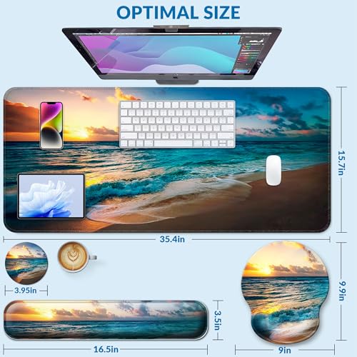 Desk Mat Set + Keyboard and Mouse Pad with Wrist Rest Support,4-in-1 Large Mousepad Computer Mats for Desktop Home & Office-Sunset Sea - color: J-Sunset Sea