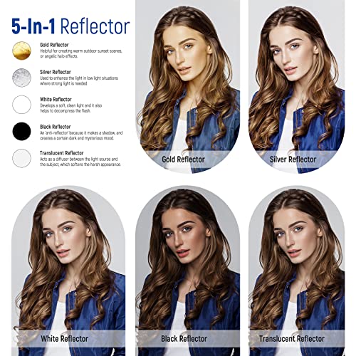 NEEWER 43"/110cm Light Reflector Kit, 5 in 1 Collapsible Round Reflector (Translucent/Silver/Gold/White/Black), Metal Clamp and 21"-43”/53-110cm Short Stand for Low Angle Studio Photography - style: 110cm w/Clamp&Stand