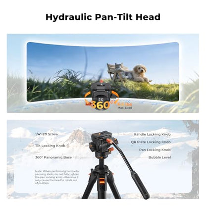 K&F CONCEPT 73” Camera Tripod with Fluid Head, Aluminum Travel Tripod for Video, Smooth Pan/Tilt for DSLR Mirrorless Camcorder, Max Load 6.6lb, for Live Streaming Vlog & Spotting Scope
