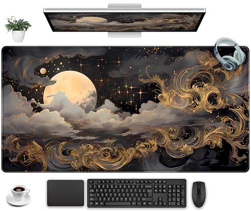 Golden Moon Desk Pad Black Desk Mat XXL Mouse Gaming Pads, Starry Sky Keyboard Pads Extra Large Desktop Computer Mats with Non-Slip Base & Stitched Edges, Vintage Office Decor 31.5" x 15.7" - color: Gold Rimmed Dark Cloud