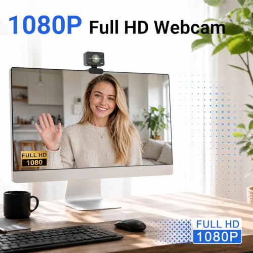Webcam for PC, 1080P Full HD USB Webcam with Privacy Cover & Built-in Microphone, Plug and Play Computer Web Camera for Video Conference Online Class Live Streaming Video Calling