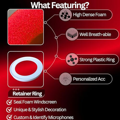 MV7 Pop Filter for Shure MV7 and MV7X Red Foam Windscreen with White Retainer Ring Replacement Cover
