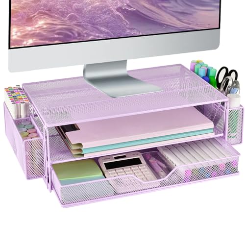 AUPSEN Computer Monitor Stands Riser，2-Tier Desk Organizers and Accessories, Office Desk Accessories Organizer with Drawers and 2 Pen Holder for Office Supplies (Purple) - color: Purple Metal