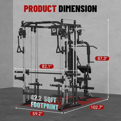 All in One Home Gym System Workout Station, Multi-Function Smithe Machine Power Cage with Cable Crossover System, Tripe-Sided Independent Load Posts, Functional Trainer for Full Body Training - color: Black, style: Home Gym Station with Weight Bench (9001