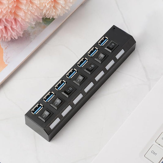 USB 3.0 Hub, 1 USB 3.0 and 6 USB 2.0 Ports with USB Cable, Portable USB Adapter Multiport Data Hub for Home Office Laptop Desktop Workstation Data Transfer and Charging, Black