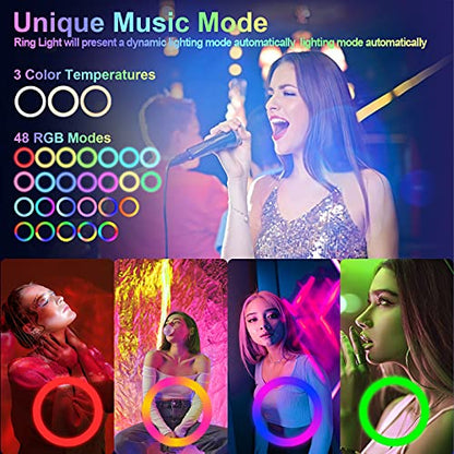 13" Selfie Ring Light with 76" Tripod Stand & 3 Phone Holder, LED Camera Ringlight with 48 RGB Colors Modes & Musical Rhythm Mode and 12 Brightness Dimmable for Makeup/Photography/Videos/Vlog/TikTok - color: 13" Musical Version