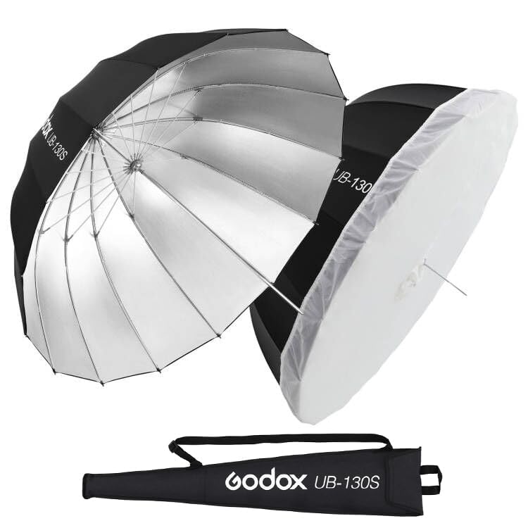 Godox UB-130S 51.2" 130cm Parabolic Deep Reflective Umbrella Silver Inner Photography Studio Soft Light Umbrella with Withe Diffuser Cover for Video Studio Shooting (130Silver) - color: Silver, size: 51.2"