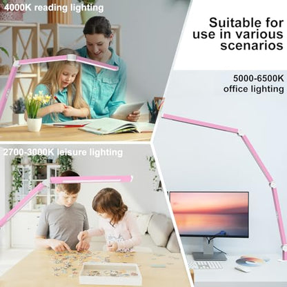 Micomlan Architect Desk Lamp with Clamp, Led Desk Lamp with Dual Light Bars and Adjustable Swing Arm, Clip-on Stepless Dimming Table Light Computer Lighting for Home Office Sewing Painting Hobby - color: Pink+Touch