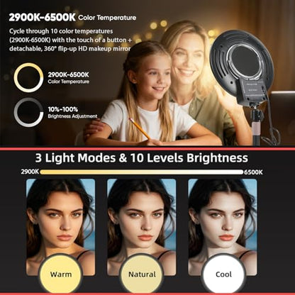 Desk Ring Light with Mirror & Stand, 4" HD Makeup Mirror 360° Rotatable,10W Dimmable LED Desk Lamp with Phone Holder & Stand,for Live Streaming,Makeup,Video,Zoom Call,Vlogging,TikTok