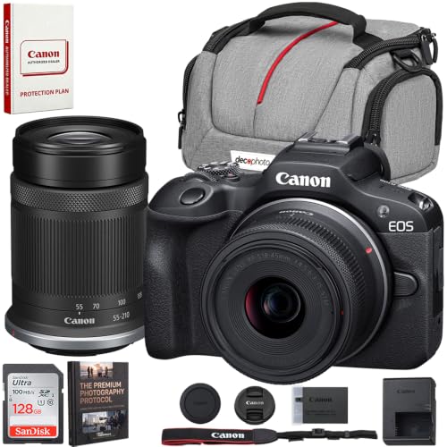 Canon EOS R100 Mirrorless Camera Two-Lens Bundle | RF-S 18-45mm + RF-S 55-210mm is STM | USA Warranty, Authorized Dealer | Sandisk 128GB Memory Card, Camera Bag & Photography Guide - color: Ink