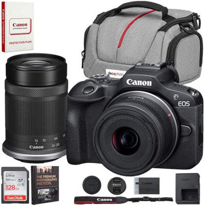Canon EOS R100 Mirrorless Camera Two-Lens Bundle | RF-S 18-45mm + RF-S 55-210mm is STM | USA Warranty, Authorized Dealer | Sandisk 128GB Memory Card, Camera Bag & Photography Guide - color: Ink