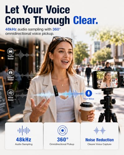 Wireless Lavalier Microphone for iPhone/Samsung/Android, 2 Mics, USB-C Port | 2 Clip-On Mics with Noise Reduction, 34h Using Time with Charging Case, 48kHz Audio 66ft Range for Video Recording USB C