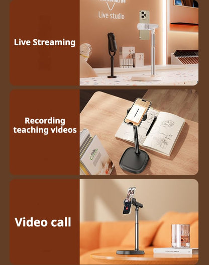 Height Adjustable Phone Stand for Desk, Retractable Desktop Phone Holder, 180° Flip & 360° Rotation Design，Compatible with iPhone/Android Devices,Ideal for Live Streaming and Video Recording (White)