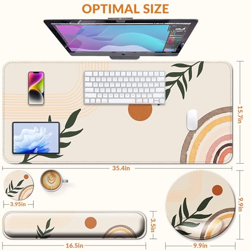 Desk Mat Set + Keyboard and Mouse Pad with Wrist Rest Support,4-in-1 Large Mousepad Computer Mats for Desktop Home & Office-Boho Leaves - color: N_Bobo Leaves