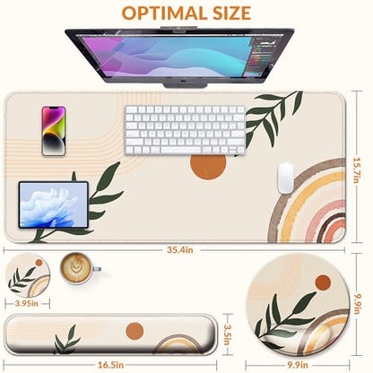 Desk Mat Set + Keyboard and Mouse Pad with Wrist Rest Support,4-in-1 Large Mousepad Computer Mats for Desktop Home & Office-Boho Leaves - color: N_Bobo Leaves