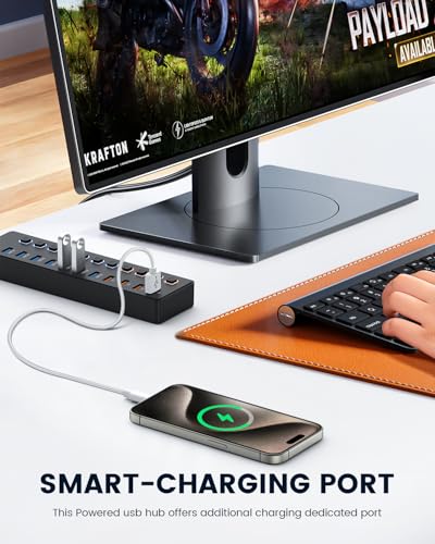 Powered USB Hub 11 Port USB 3.0 Splitter with 7 Data Ports + 4 Smart Charging Ports, Individual On/Off Switches & LED Indicators, Includes 36W Power Adapter for Mac PC Laptop