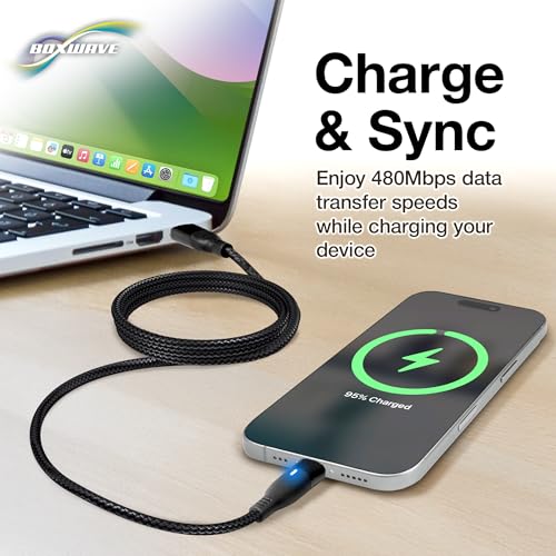 BoxWave Cable Compatible with SJCam FunCam - MagnetoSnap PD AllCharge Cable (100W), Magnet Charging Braided USB Type-C Micro - Jet Black