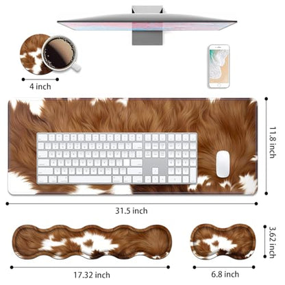 4 in 1 Ergonomic Keyboard Wrist Rest & Mouse Pad Wrist Rest Set, Large XXL Gaming Desk Mat 31.5"x 11.8" with Non-Slip Base, Memory Foam for Home Office Study Gaming, Brown Cow Print - color: Brown Cow Print