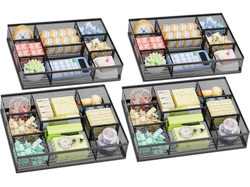 Marbrasse 2 Pack Desk Drawer Organizer, Mesh Drawer Organizer Tray with 8 Adjustable Compartments, Desk Organizers and Accessories, 5 Dividers Drawer for Office Supplies, Makeup & Vanity (Black-2P) - color: Black-4P