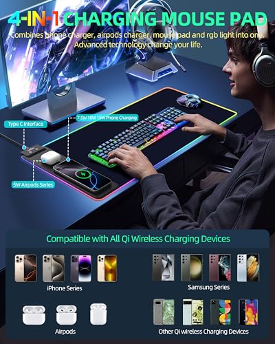 ExtreLife Wireless Charging Mouse Pad, RGB Gaming Mousepad, 31.5"x11.8" Extra Large Desk Mat, 13 Light Modes, Ultra-Smooth Surface, Non-Slip Base, Waterproof Computer Keyboard Pad for Laptop, Black - color: Black-31.5"x11.8"