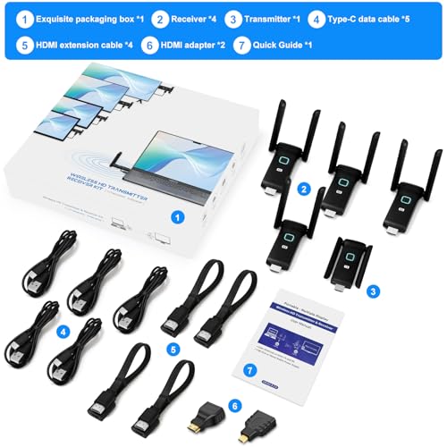 Wireless HDMI 4 Receivers and Transmitter,Up to 6 RXs,No Hot,Extender Plug and Play,165FT/50M,2.4/5G Wirelessly Simultaneous Expansion for Multiple Screens from Laptop and Camera to TVs,Projectors - size: 4*RX+1*TX