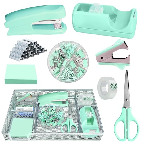 Green Office Desk Accessories, Green Office Supplies Set, Desk Drawer Organizer,Stapler and Tape Dispenser Set,Tape,Staple Remover, Staples, Paper Clips, Scissor and Sticky Note - color: Green
