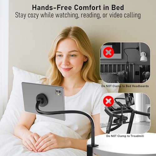 Magnetic Gooseneck Tablet Holder, iPad Desk Clamp Mount for Bed & Desk | 360 Degree Adjustable Arm, Compatible with MagSafe, Fits 4.7-13.5" Devices, Phone, iPad Pro/Air/Mini, Kindle Fire, Galaxy Tab