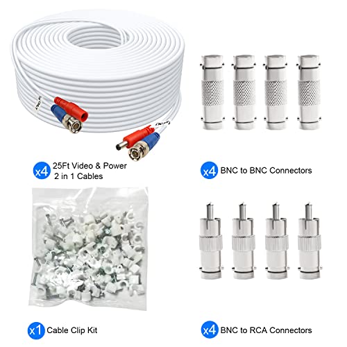 BNC Cable 25ft 4 Pack BNC Video Power Cable,Security Camera Cable for CCTV Camera DVR Security Systems(Included 8X BNC Adapters,100 Pcs Cable Clips)-White - size: 25 FT