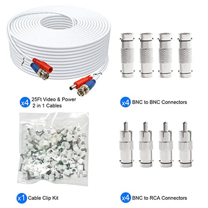 BNC Cable 25ft 4 Pack BNC Video Power Cable,Security Camera Cable for CCTV Camera DVR Security Systems(Included 8X BNC Adapters,100 Pcs Cable Clips)-White - size: 25 FT