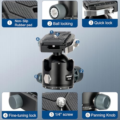 45mm Ball Head Aluminum Tripod Head 360° Rotating Panoramic Ballhead Compatible with Picatinny and Arca-Swiss for Hunting Shooting Tripod DSLR Camera, Max Load up to 44lb