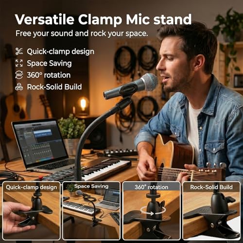 ROCKFREE Microphone Stand with 360° Rotating Base,Heavy-Duty Desk Clamp,8" Flexible Gooseneck Mic Mount,Includes 1/4" to 3/8" & 5/8" Metal Adapters for Shure,Fifine,HyperX,AT2020,Blue Snowball,Razer